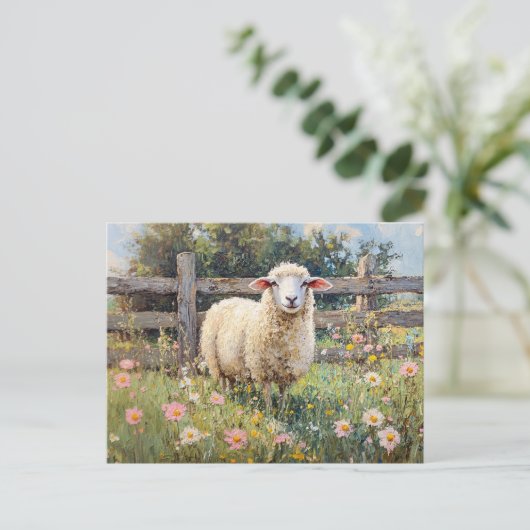Spring Schaap met Wildflowers Schilderij Briefkaart (Staand voorkant)