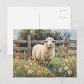 Spring Schaap met Wildflowers Schilderij Briefkaart (Voorkant / Achterkant)