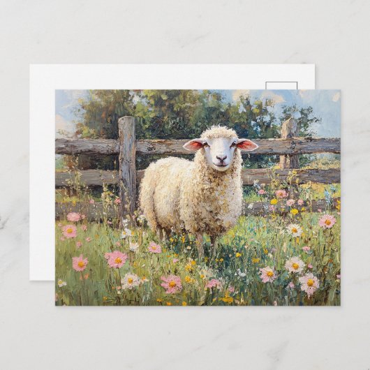 Spring Schaap met Wildflowers Schilderij Briefkaart (Voorkant / Achterkant)