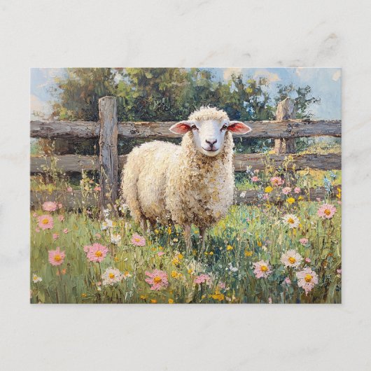 Spring Schaap met Wildflowers Schilderij Briefkaart (Voorkant)