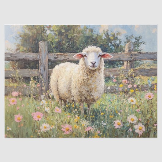 Spring Schaap met Wildflowers Schilderij Decoupage Tissuepapier (Voorkant)