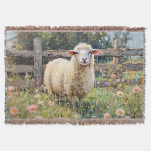 Spring Schaap met Wildflowers Schilderij Deken
