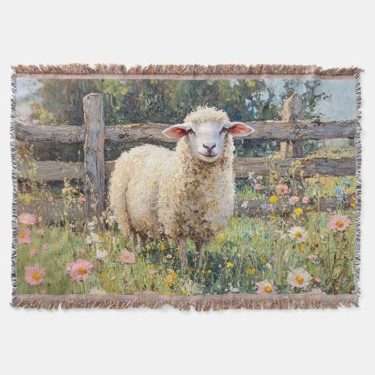 Spring Schaap met Wildflowers Schilderij Deken (Voorkant)