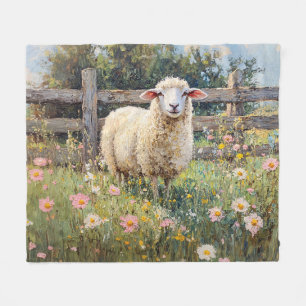 Spring Schaap met Wildflowers Schilderij Fleece Deken