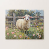 Spring Schaap met Wildflowers Schilderij Legpuzzel (Horizontaal)