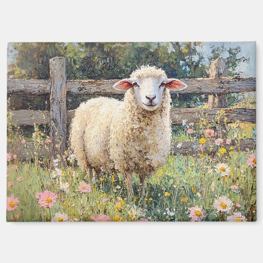 Spring Schaap met Wildflowers Schilderij Magneet (Voorkant)