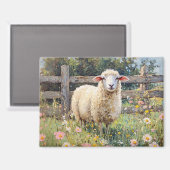 Spring Schaap met Wildflowers Schilderij Magneet (Voorkant / Achterkant)