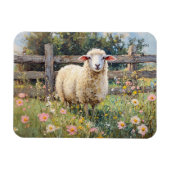 Spring Schaap met Wildflowers Schilderij Magneet (Horizontaal)