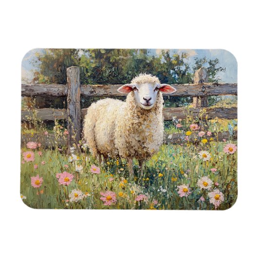 Spring Schaap met Wildflowers Schilderij Magneet (Horizontaal)