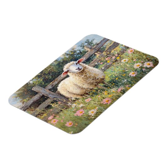 Spring Schaap met Wildflowers Schilderij Magneet (Linkerzijde)