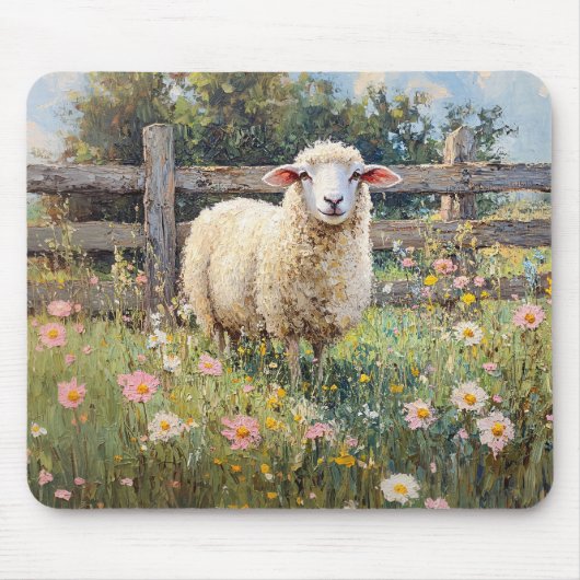 Spring Schaap met Wildflowers Schilderij Muismat (Voorkant)