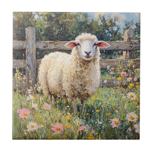 Spring Schaap met Wildflowers Schilderij Tegeltje (Voorkant)