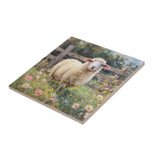 Spring Schaap met Wildflowers Schilderij Tegeltje (Zijkant)