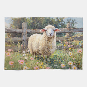 Spring Schaap met Wildflowers Schilderij Theedoek