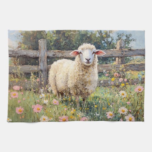 Spring Schaap met Wildflowers Schilderij Theedoek (Horizontaal)