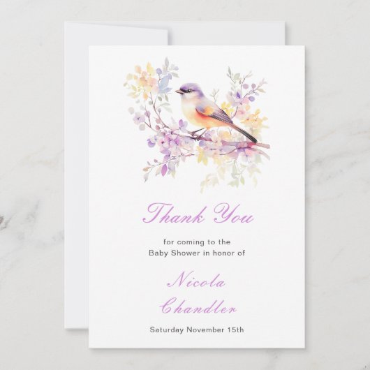 Spring Schattige Bird Baby shower Bedankkaart (Voorkant)