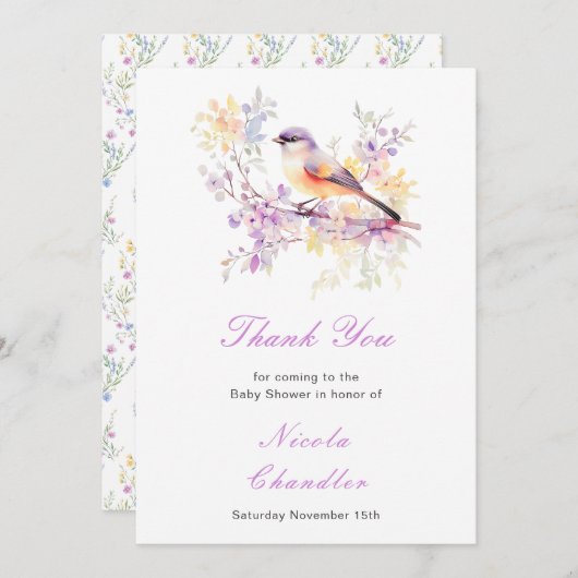 Spring Schattige Bird Baby shower Bedankkaart (Voorkant / Achterkant)