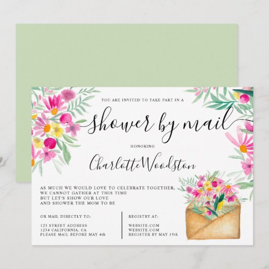 Spring schattige bloemige waterverf baby shower pe kaart (Voorkant / Achterkant)