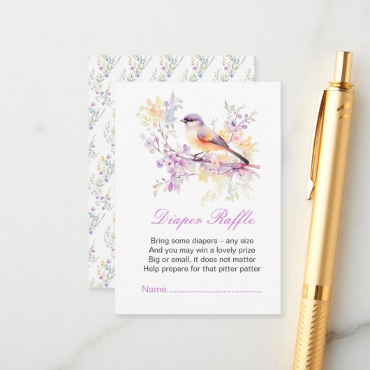 Spring Schattigee Vogel Baby shower Luier Raffle Informatiekaartje (Voorkant / Achterkant in situ)