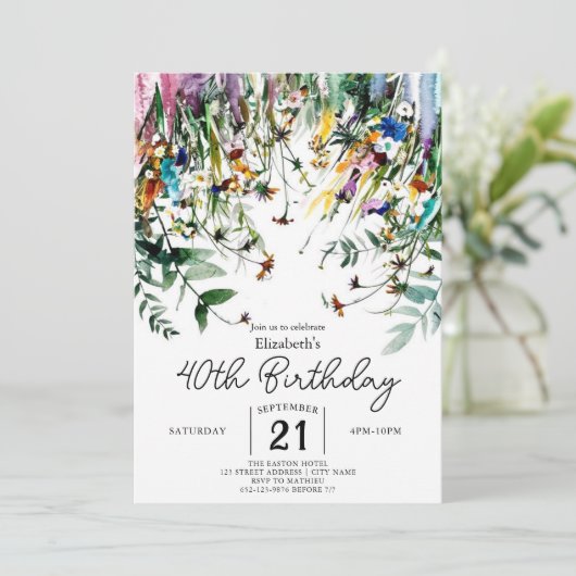 Spring Script Wildbloemen 40e verjaardag Kaart (Staand voorkant)