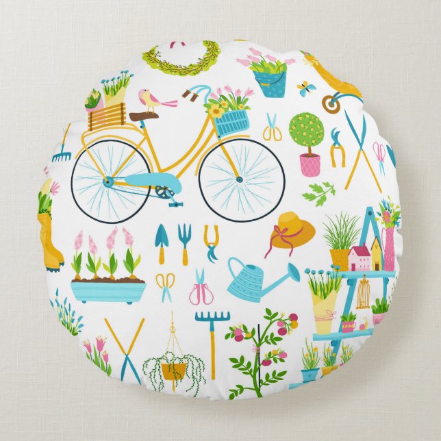 Spring seamless pattern in simple hand-drawn carto rond kussen (Voorkant)