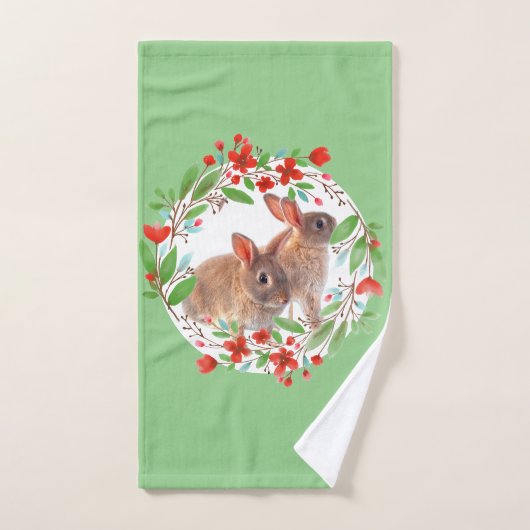 Spring Style Bunny Rabbits en Red Floral Wreath Handdoek (Handdoek)