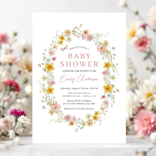 Spring Summer Girl Pink Wildflower Baby shower Kaart