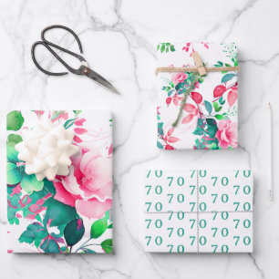 Spring Summer Watercolor Floral 70th Birthday Inpakpapier Vel