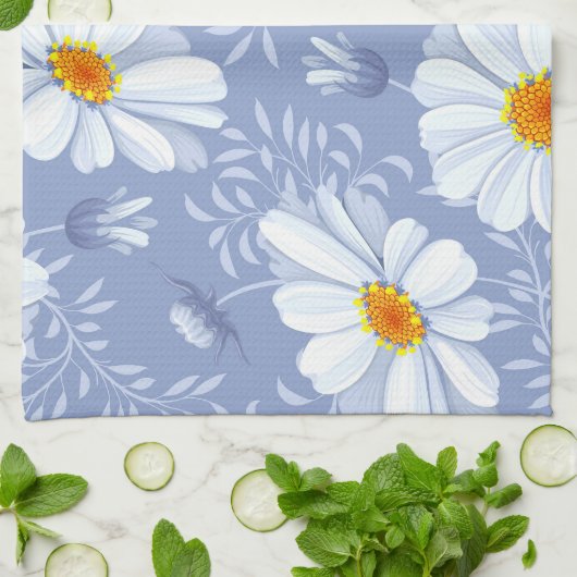 Spring Summer White Flower Blue Pattern Theedoek (Gevouwen)
