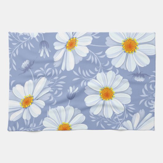 Spring Summer White Flower Blue Pattern Theedoek (Horizontaal)