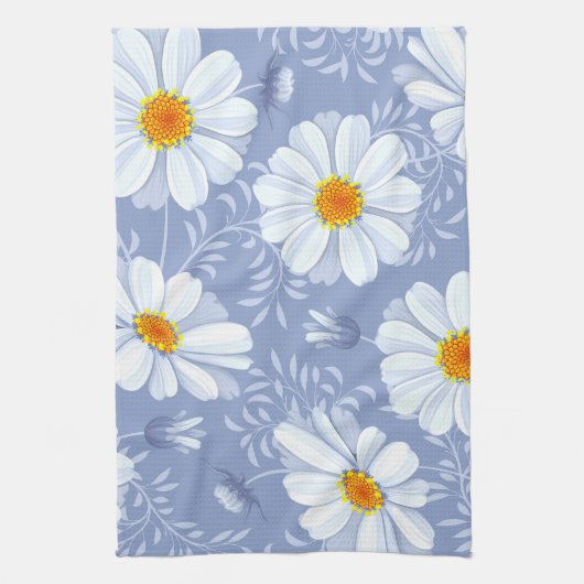 Spring Summer White Flower Blue Pattern Theedoek (Verticaal)