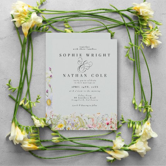 Spring Summer Wildflower Blush Blue Boho Wedding Kaart