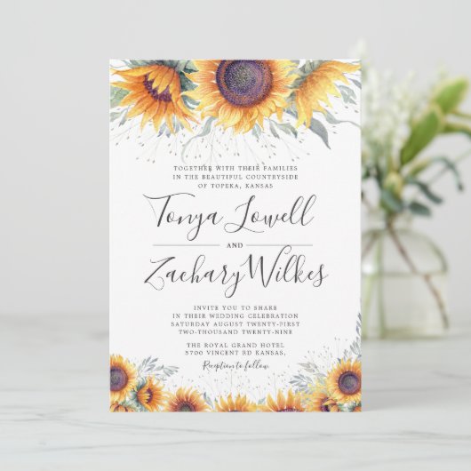 Spring Sunflower Bloom Wedding Invite Kaart (Staand voorkant)
