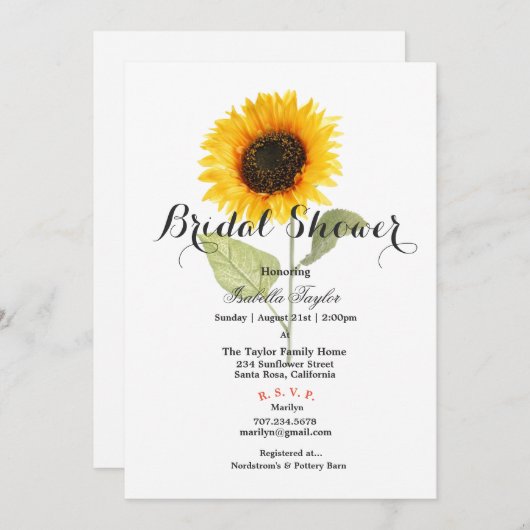 Spring Sunflower Bridal Shower Invitation Kaart (Voorkant / Achterkant)