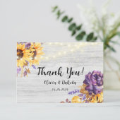 Spring Sunflower en Paars Peony Wedding Bedankkaart (Staand voorkant)