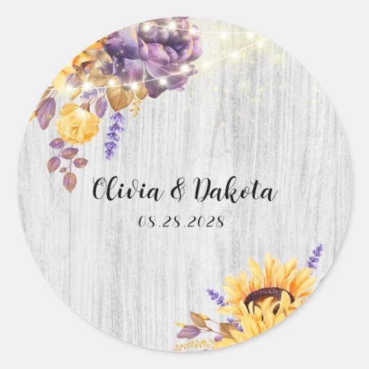 Spring Sunflower en Paarse Peony Wedding Classic Ronde Sticker (Voorkant)