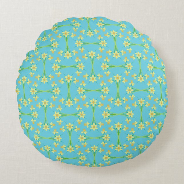 Spring Sunshine Daffodils Sky Blue Round Pillow Rond Kussen (Voorkant)
