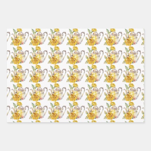 Spring Tea Party Gele theepotten en Rozen Inpakpapier Vel (Voorkant 3)