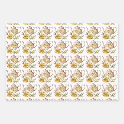 Spring Tea Party Gele theepotten en Rozen Inpakpapier Vel (Voorkant 2)