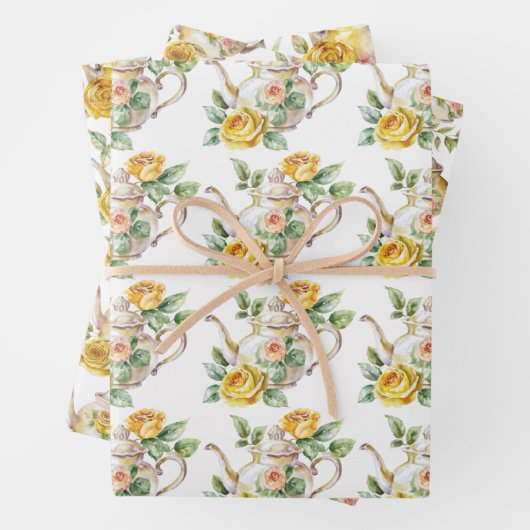 Spring Tea Party Gele theepotten en Rozen Inpakpapier Vel (In situ)