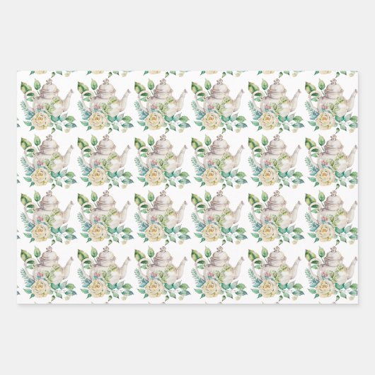 Spring Tea Party Gele theepotten en Rozen Inpakpapier Vel (Voorkant)