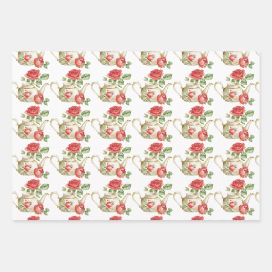 Spring Tea Party Rode theepotten en Rozen Inpakpapier Vel (Voorkant 2)