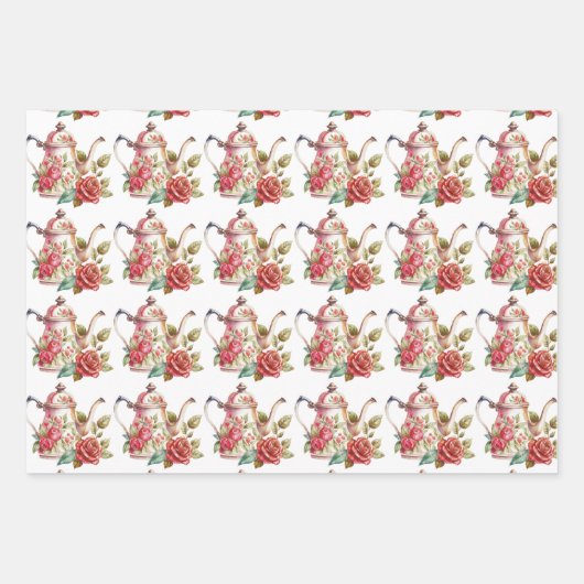 Spring Tea Party Rode theepotten en Rozen Inpakpapier Vel (Voorkant)