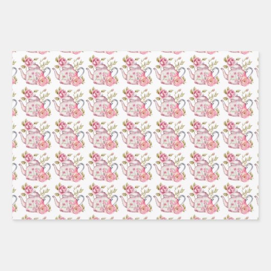 Spring Tea Party Roze theepotten en Rozen Inpakpapier Vel (Voorkant)