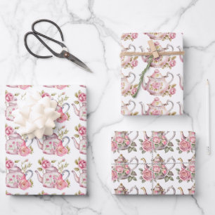 Spring Tea Party Roze theepotten en Rozen Inpakpapier Vel