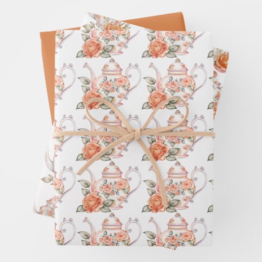 Spring Tea Party Sinaasappel theepotten en Rozen Inpakpapier Vel (In situ)