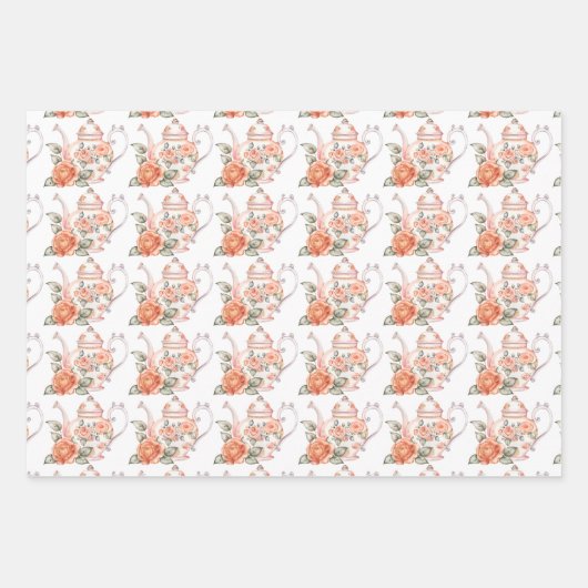 Spring Tea Party Sinaasappel theepotten en Rozen Inpakpapier Vel (Voorkant)