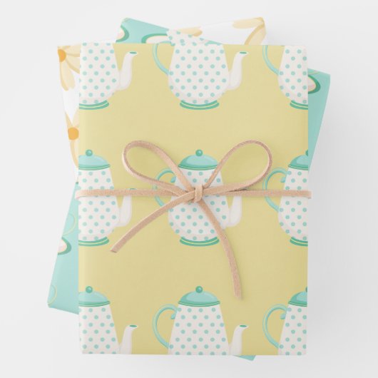 Spring Tea Party Turquoise and Yellow Inpakpapier Vel (In situ)