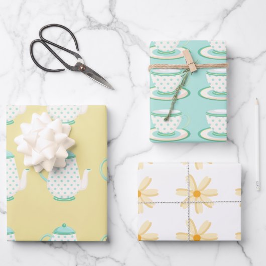 Spring Tea Party Turquoise and Yellow Inpakpapier Vel (Voorkant)
