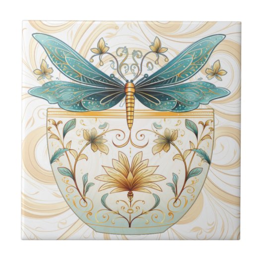 Spring Theme Whimsical Blue en Gold Dragonfly Tegeltje (Voorkant)